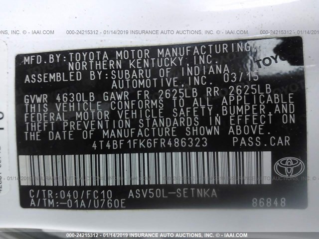 4T4BF1FK6FR486323 - 2015 TOYOTA CAMRY LE/XLE/SE/XSE 白色 照片 9