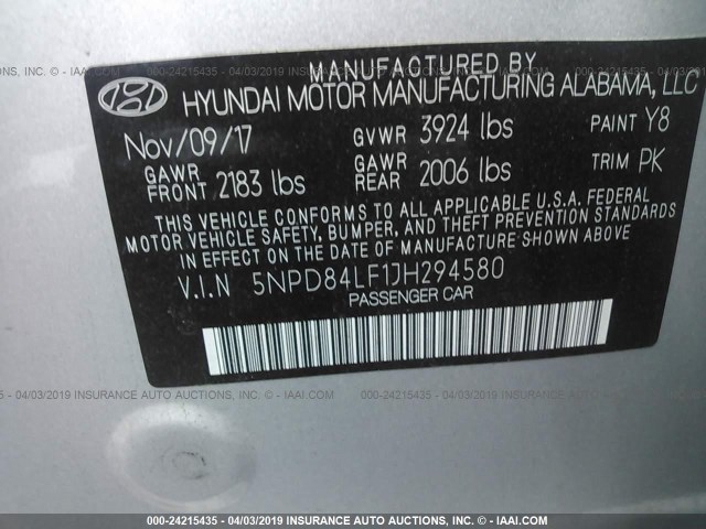 5NPD84LF1JH294580 - 2018 HYUNDAI ELANTRA SEL/VALUE/LIMITED GRAY photo 9