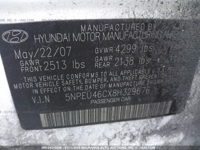 5NPEU46CX8H329676 - 2008 HYUNDAI SONATA SE/LIMITED WHITE photo 9