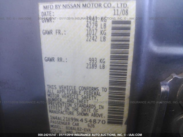 1N4AL21E99N454870 - 2009 NISSAN ALTIMA 2.5/2.5S GRAY photo 9