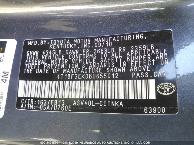 4T1BF3EK0BU655012 - 2011 TOYOTA CAMRY SE/LE/XLE 灰色 照片 9