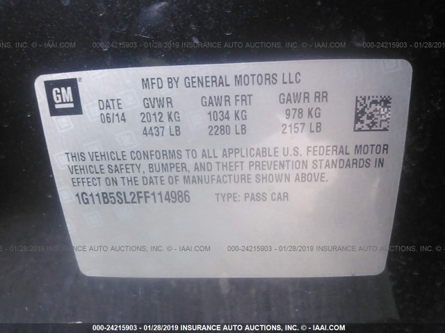 1G11B5SL2FF114986 - 2015 CHEVROLET MALIBU LS BLACK photo 9