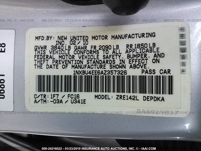 1NXBU4EE6AZ357326 - 2010 TOYOTA COROLLA S/LE/XLE SILVER photo 9