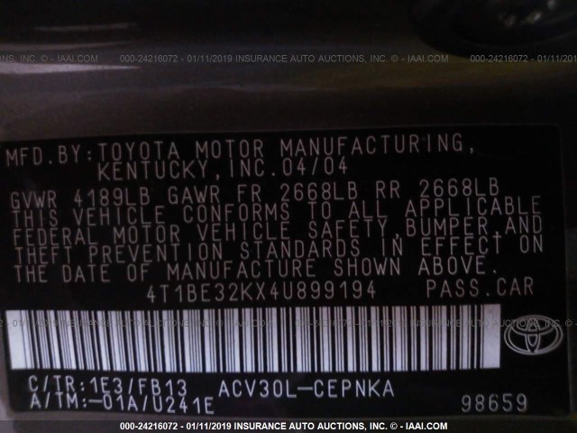 4T1BE32KX4U899194 - 2004 TOYOTA CAMRY LE/XLE/SE GRAY photo 9