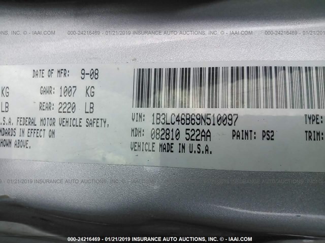 1B3LC46B69N510097 - 2009 DODGE AVENGER SE/SXT SILVER photo 9