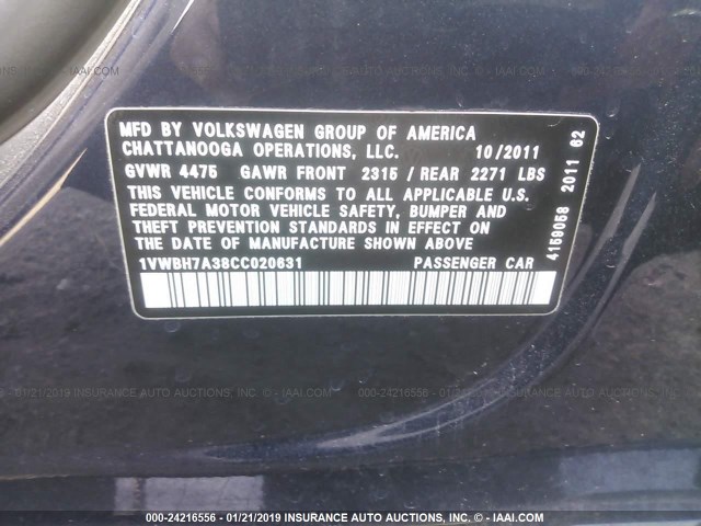 1VWBH7A38CC020631 - 2012 VOLKSWAGEN PASSAT SE BLUE photo 9