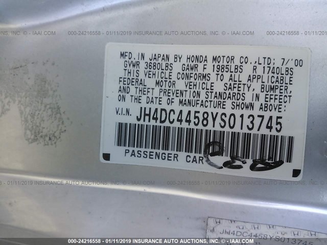 JH4DC4458YS013745 - 2000 ACURA INTEGRA LS SILVER photo 9