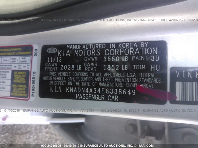 KNADN4A34E6338649 - 2014 KIA RIO EX SILVER photo 9