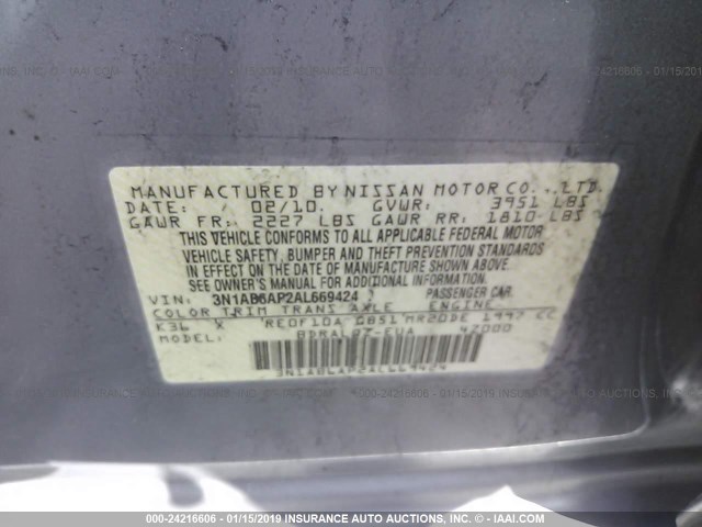 3N1AB6AP2AL669424 - 2010 NISSAN SENTRA 2.0/2.0S/SR/2.0SL SILVER photo 9