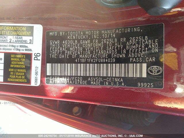 4T1BF1FK2FU884039 - 2015 TOYOTA CAMRY LE/XLE/SE/XSE BURGUNDY photo 9