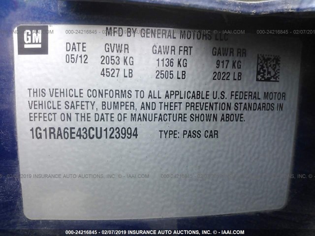 1G1RA6E43CU123994 - 2012 CHEVROLET VOLT BLUE photo 9