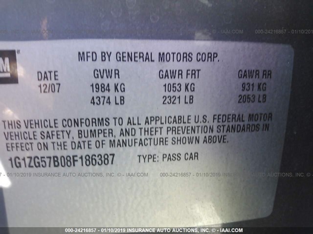 1G1ZG57B08F186387 - 2008 CHEVROLET MALIBU LS 灰色 照片 9