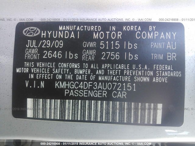 KMHGC4DF3AU072151 - 2010 HYUNDAI GENESIS 4.6L SILVER photo 9