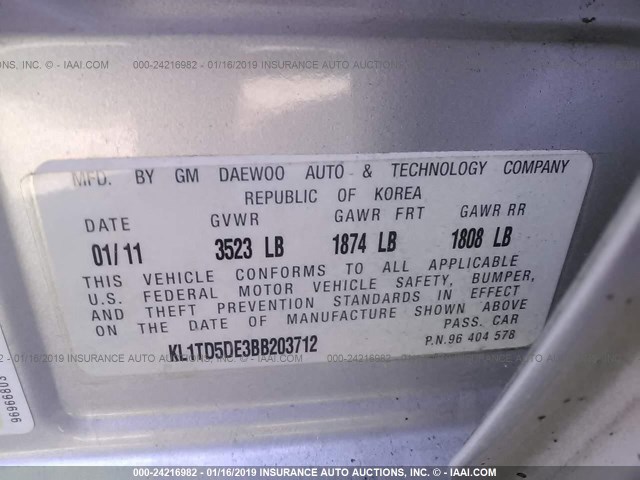 KL1TD5DE3BB203712 - 2011 CHEVROLET AVEO LS/LT SILVER photo 9