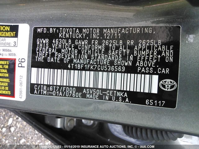 4T1BF1FK7CU536569 - 2012 TOYOTA CAMRY SE/LE/XLE 灰色 照片 9