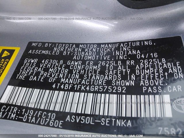 4T4BF1FK4GR575292 - 2016 TOYOTA CAMRY LE/XLE/SE/XSE 银色 照片 9