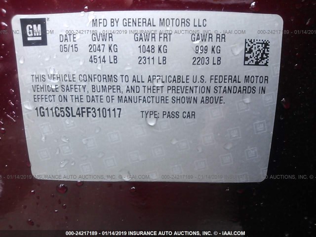 1G11C5SL4FF310117 - 2015 CHEVROLET MALIBU 1LT MAROON photo 9