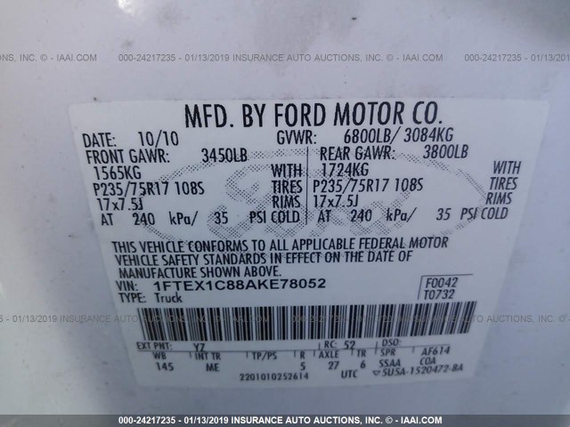 1FTEX1C88AKE78052 - 2010 FORD F150 SUPER CAB WHITE photo 9