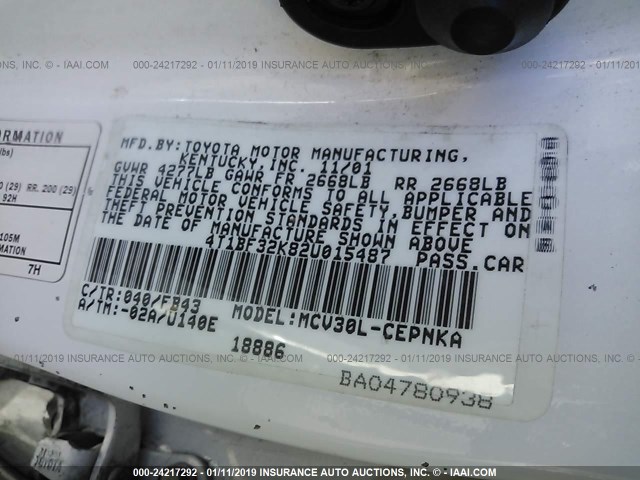 4T1BF32K82U015487 - 2002 TOYOTA CAMRY LE/XLE/SE WHITE photo 9