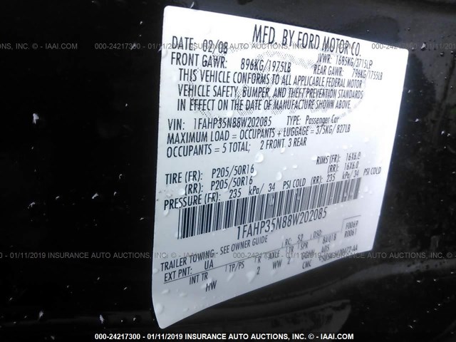 1FAHP35N88W202085 - 2008 FORD FOCUS SE/SEL/SES BLACK photo 9