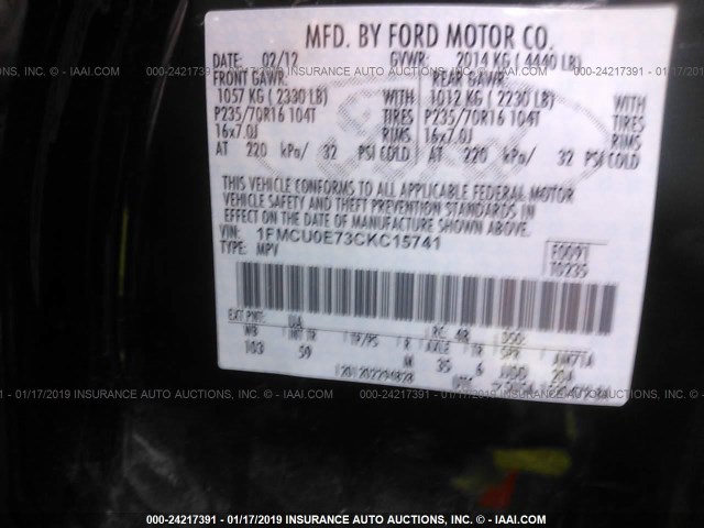 1FMCU0E73CKC15741 - 2012 FORD ESCAPE LIMITED BLACK photo 9