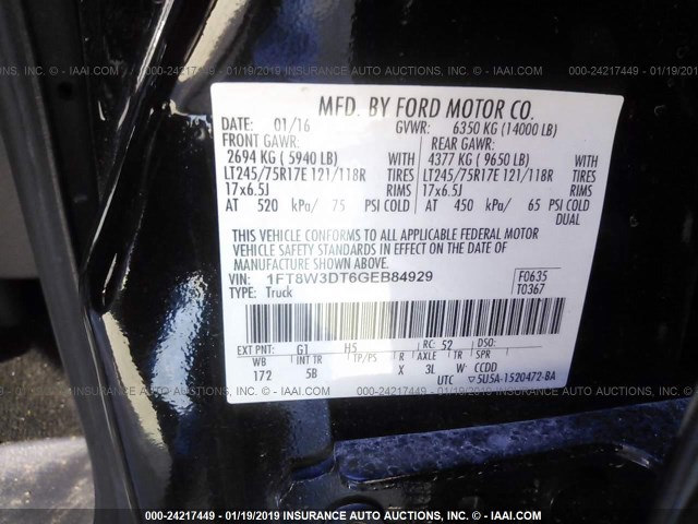 1FT8W3DT6GEB84929 - 2016 FORD F350 SUPER DUTY BLACK photo 9