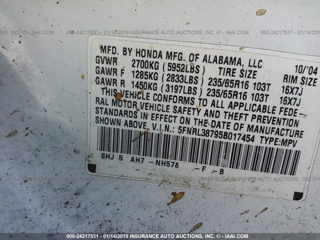 5FNRL38795B017454 - 2005 HONDA ODYSSEY EXL WHITE photo 9