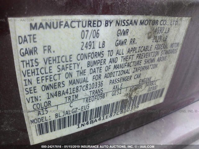 1N4BA41E87C810336 - 2007 NISSAN MAXIMA SE/SL BURGUNDY photo 9