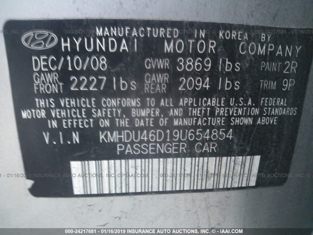 KMHDU46D19U654854 - 2009 HYUNDAI ELANTRA GLS/SE SILVER photo 9