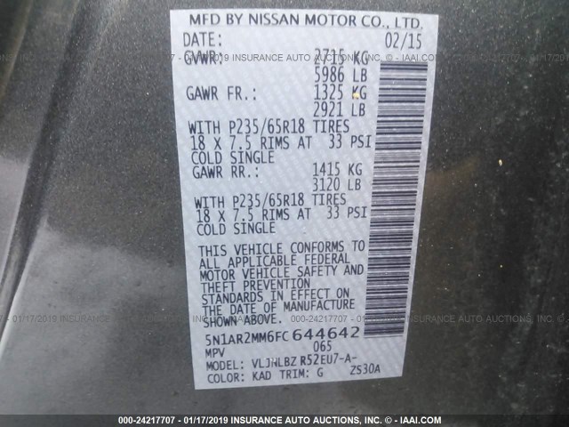 5N1AR2MM6FC644642 - 2015 NISSAN PATHFINDER S/SV/SL/PLATINUM GRAY photo 9