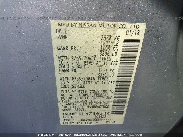 1N6AD0EV4JN736244 - 2018 NISSAN FRONTIER S/SV/SL/PRO-4X SILVER photo 9