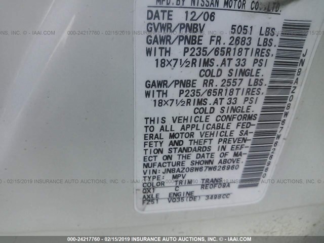 JN8AZ08W67W626960 - 2007 NISSAN MURANO SL/SE/S WHITE photo 9