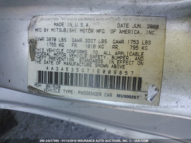 4A3AE35G71E009857 - 2001 MITSUBISHI ECLIPSE SPYDER GS SILVER photo 9