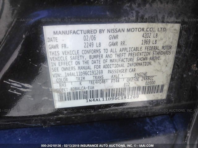 1N4AL11D96C191269 - 2006 NISSAN ALTIMA S/SL BLACK photo 9