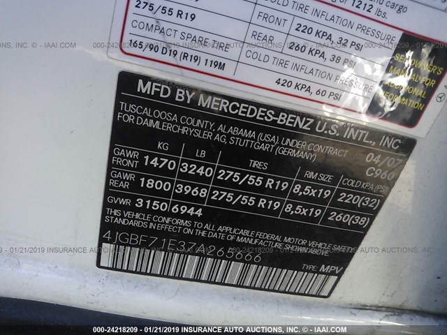 4JGBF71E37A265666 - 2007 MERCEDES-BENZ GL 450 4MATIC WHITE photo 9