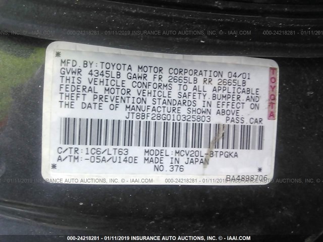 JT8BF28G010325803 - 2001 LEXUS ES 300 GRAY photo 9