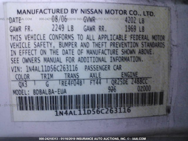 1N4AL11D56C263116 - 2006 NISSAN ALTIMA S/SL WHITE photo 9