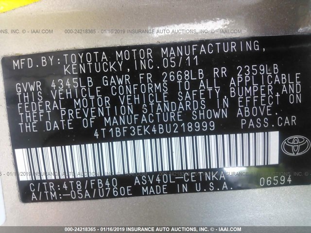 4T1BF3EK4BU218999 - 2011 TOYOTA CAMRY SE/LE/XLE 金色 照片 9