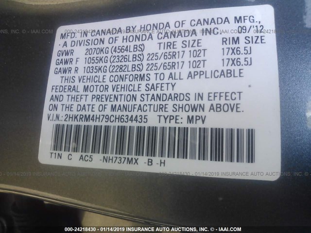 2HKRM4H79CH634435 - 2012 HONDA CR-V EXL GRAY photo 9