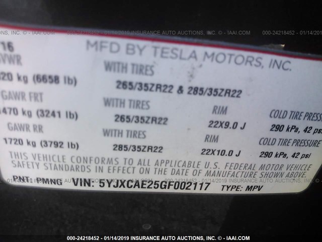 5YJXCAE25GF002117 - 2016 TESLA MODEL X GRAY photo 9