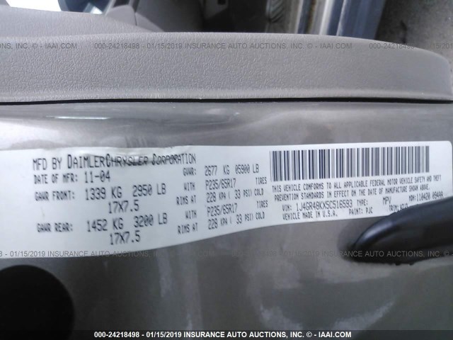 1J4GR48KX5C516593 - 2005 JEEP GRAND CHEROKEE LAREDO/COLUMBIA/FREEDOM 棕色 照片 9
