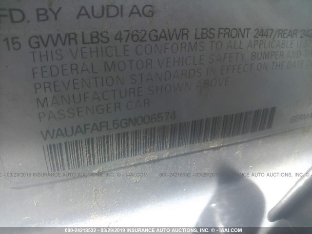 WAUAFAFL5GN006574 - 2016 AUDI A4 PREMIUM/S-LINE SILVER photo 9