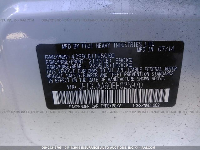 JF1GJAA60EH025970 - 2014 SUBARU IMPREZA WHITE photo 9