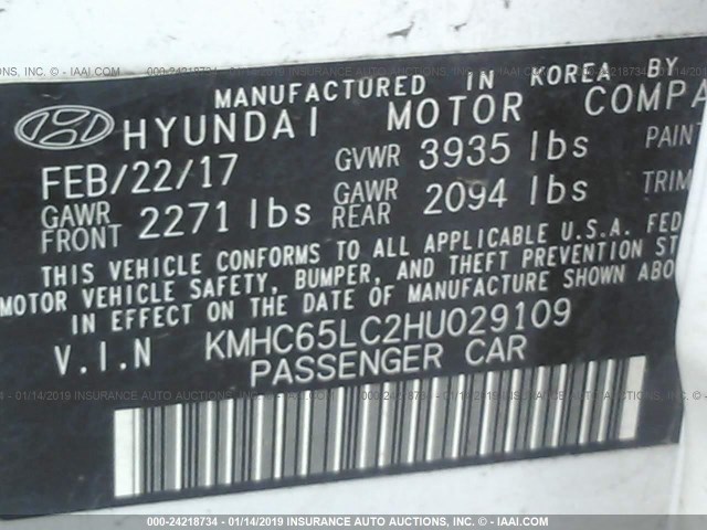 KMHC65LC2HU029109 - 2017 HYUNDAI IONIQ BLUE WHITE photo 9