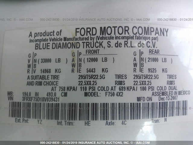 3FRXF75D18V039431 - 2008 FORD F750 SUPER DUTY WHITE photo 9