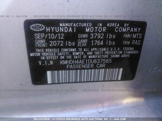 KMHDH4AE1DU637565 - 2013 HYUNDAI ELANTRA SILVER photo 9