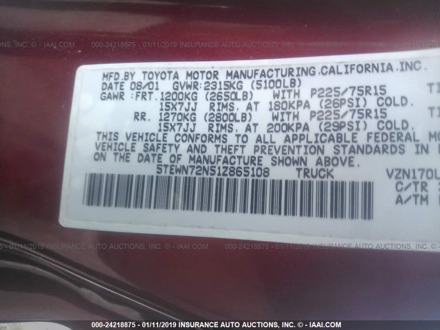 5TEWN72N51Z865108 - 2001 TOYOTA TACOMA XTRACAB RED photo 9