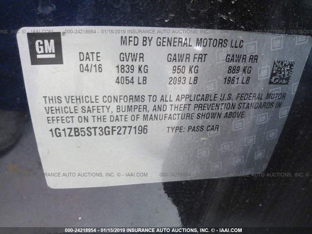 1G1ZB5ST3GF277196 - 2016 CHEVROLET MALIBU LS BLUE photo 9