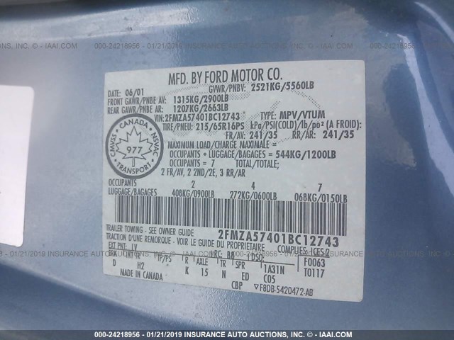 2FMZA57401BC12743 - 2001 FORD WINDSTAR SE SPORT BLUE photo 9