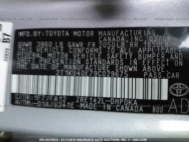 2T1KU40E79C029675 - 2009 TOYOTA COROLLA MATRIX  SILVER photo 9